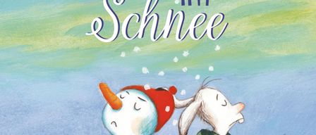 Ein Buchcover mit einem Schneemann und einem Hasen, der im Schnee sitzt, einem Vogel und einem Titel in Deutsch.