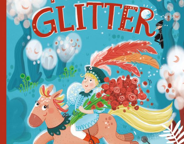Ein junges Mädchen reitet ein Pferd und hält einen Strauß roter Rosen, gekleidet in einem Hut mit Federn. Der Titel ist 'Ritter Glitter' von Jorg Isermeyer und Ulrike Halvax.