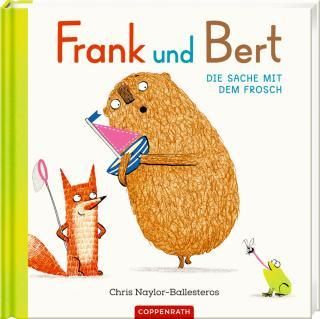 Buchcover mit einer Illustration eines Bibers, der ein Buch und einen Frosch hält. Der Titel 'Frank und Bert' ist auf Deutsch geschrieben. Ein orangener Fuchs und ein grüner Frosch sind im Vordergrund.