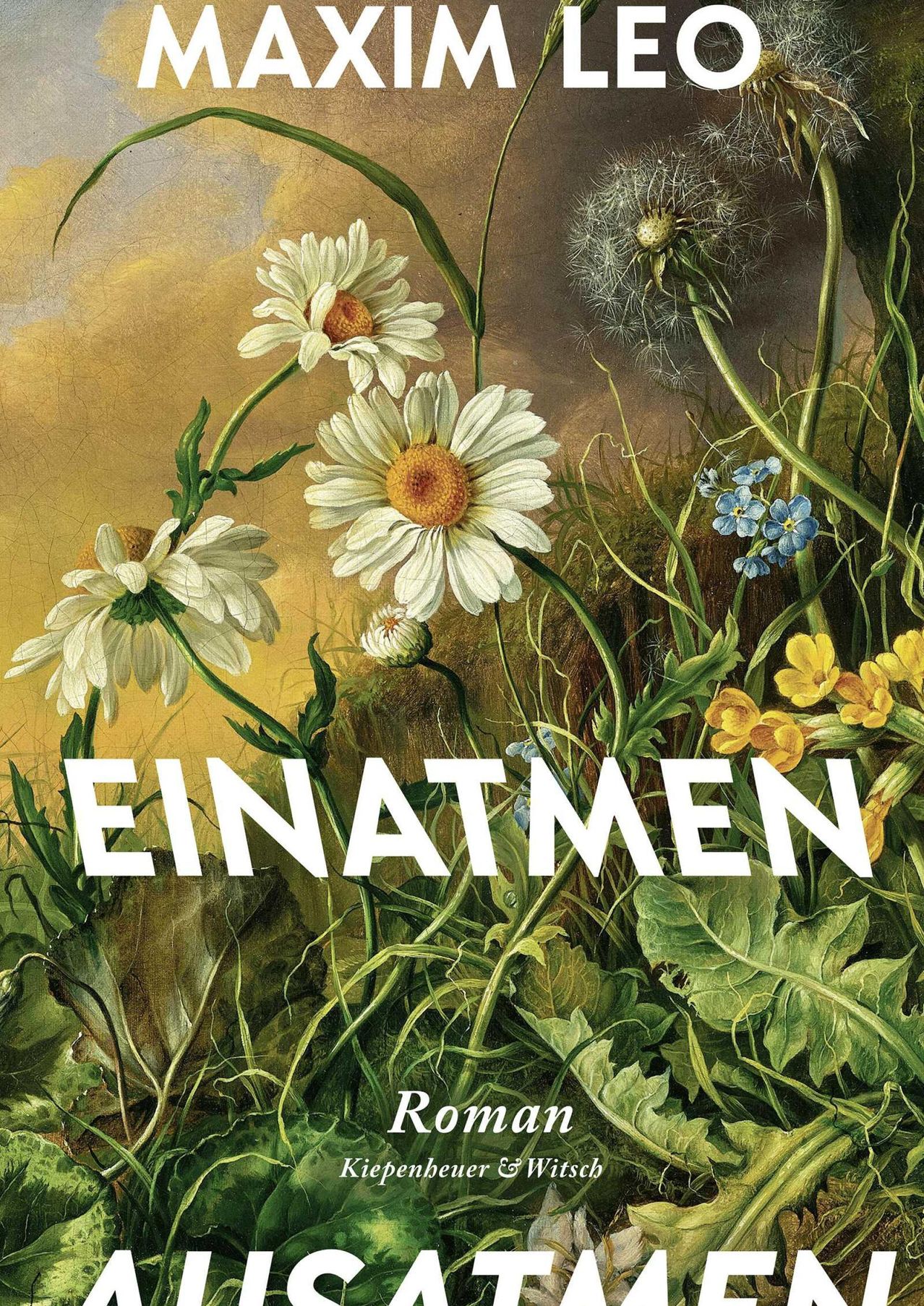 Ein Bild zeigt eine Gruppe weißer Gänseblümchen mit gelben Zentren, umgeben von verschiedenen grünen Blättern und anderen Wildblumen. Das Wort 'EINATMEN' ist prominent in weißen Buchstaben angezeigt, wahrscheinlich ein deutscher Titel oder ein Wort. Der Hintergrund ist ein Farbverlauf von warmen Farben.