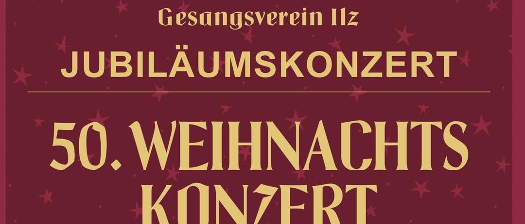 Werbeplakat für das Jubiläumskonzert des 50. Weihnachtskonzerts am 8. Dezember 2025, Beginn um 17:00 Uhr. Es wird von der Gesangsvereinigung, dem Salonorchester und dem Blechbläser-Quartett der Musikschule unter der Leitung von Peter Joachim Heinrich aufgeführt.
