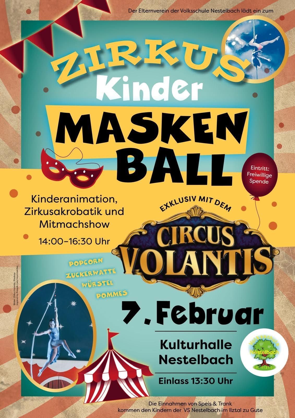 Plakat für einen Kindermaskenball von Zirkus Volantis. Zeigt eine Trapezkünstlerin und einen roten Luftballon. Aktivitäten umfassen Kinderanimation, Zirkusakrobatik und Mitmachshow. Datum: 7. Februar, Zeit: 14:00-16:30. Angeboten werden Popcorn, Zuckerwatte, Würstchen und Pommes.