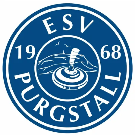 Das Logo des ESV Purgstall 1968 zeigt ein kreisförmiges Design in Blau und Weiß. In der Mitte befindet sich ein stilisiertes Bild eines Drehtopfes. Die Nummer 1968 ist in einer fettgedruckten, geschwungenen Schrift geschrieben, mit 19 links und 68 rechts. Der Name Purgstall ist in einer kleineren, kursiven Schrift unter dem oberen Bild geschrieben.