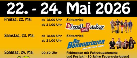 Fest beim Feuerwehrhaus in Ladendorf vom 22. bis 24. Mai 2026. Freitag, 22. Mai: Live-Auftritt um 18:00 Uhr und 21:00 Uhr. Samstag, 23. Mai: Live-Auftritt um 18:00 Uhr und 21:00 Uhr. Sonntag, 24. Mai: Feldmesse mit Fahrzeugbesichtigung und Festakt - 10 Jahre Feuerwehrjugend Ladendorf. Eintritt frei. Besuchen Sie www.feuerwehr-ladendorf.at für weitere Informationen.