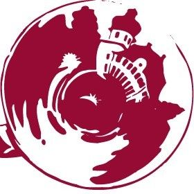 A circular logo featuring a red and white design of a globe with a prominent castle in the center, waves around it, and a sun on the right side.