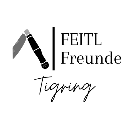 Ein weißes Messer mit schwarzem Griff steht vor schwarzem Hintergrund. Die Klinge ist scharf und der Griff ist zylindrisch.