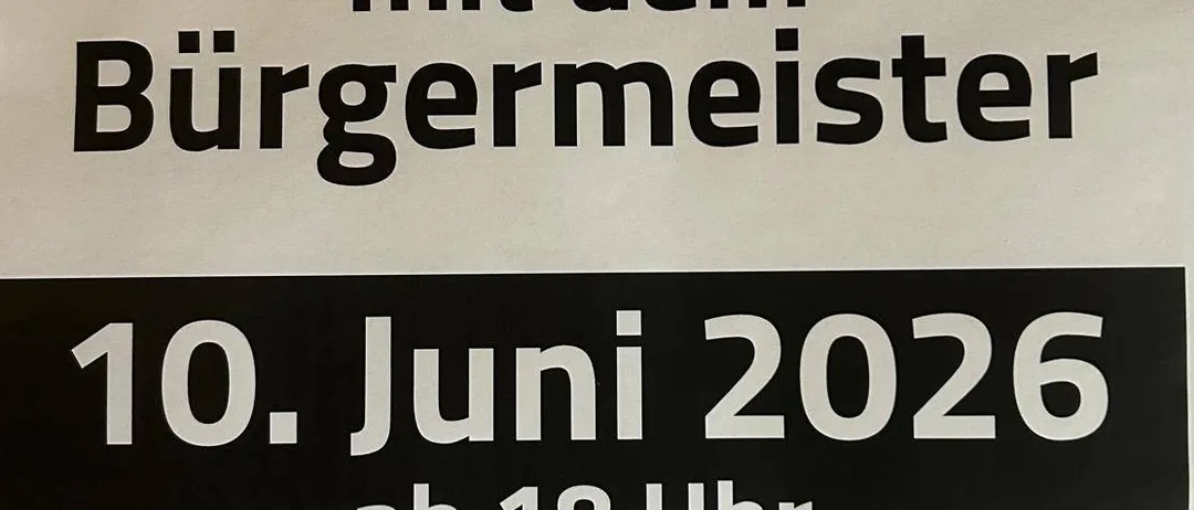 Plakat für Dorftratsch mit dem Bürgermeister. 10. Juni 2026, ab 18 Uhr. Spielplatz Sonntal. Essen und Getränke sind vorhanden.
