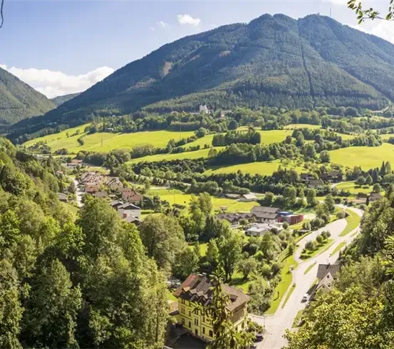 Ein Tal mit grünen Hügeln und Bergen, mit Häusern, Bäumen und einer Straße. Es ist ein sonniger Tag.
