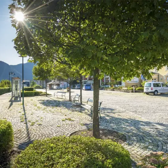 Ein sonniger Tag in einem Park mit einem zentralen Baum, Bänken und einem weißen Van auf der rechten Seite. Berge sind in der Ferne.