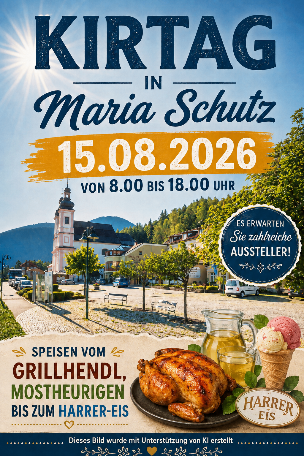 Plakat für Maria Schutz Veranstaltung am 15. August 2026 mit malerischem Dorfbild, Kirche, Essen und Eis.