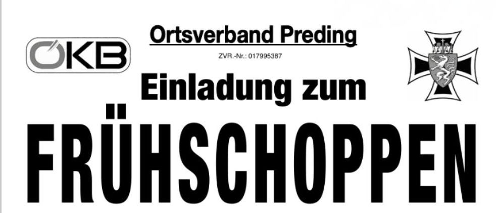 Einladung zum Fruehschopp am Fronleichnamstag, 4. Juni 2026, ab 11:30 Uhr beim Rusthaus Preding. Nach dem gemeinsamen Teilnahme an der Fronleichnamsprozession genießen Sie das Angebot an Speisen und Getränken. Genießen Sie den Besuch der OKB Preding!