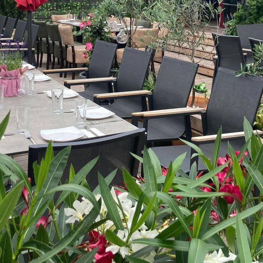 Bild enthält, Indoors, Interior Design, Backyard, Outdoors, Terrace, Dining Table, Table, Potted Plant, Flower, Grass