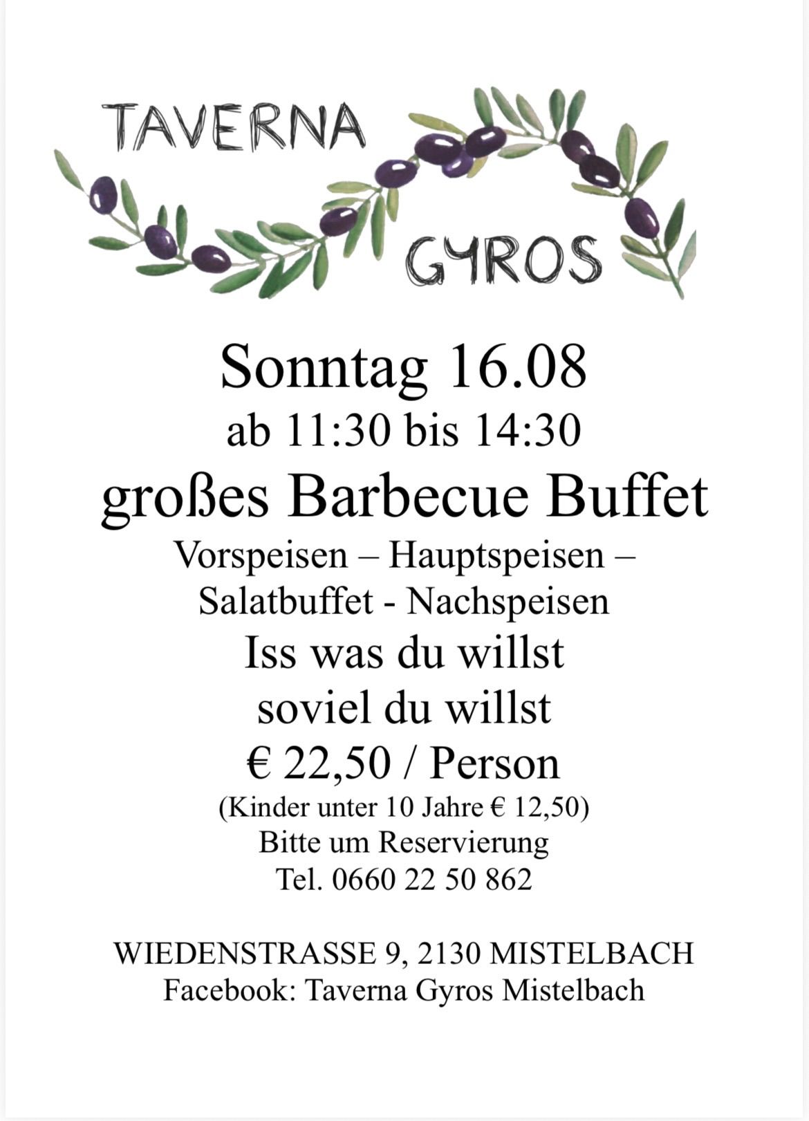 A flyer for a barbecue buffet event on Sunday, August 16th, from 11:30 to 14:30. The buffet includes appetizers, main courses, salad buffet, and desserts. Price is 22.50 Euros per person, with a discounted rate of 12.50 Euros for children under 10. Reservation required.