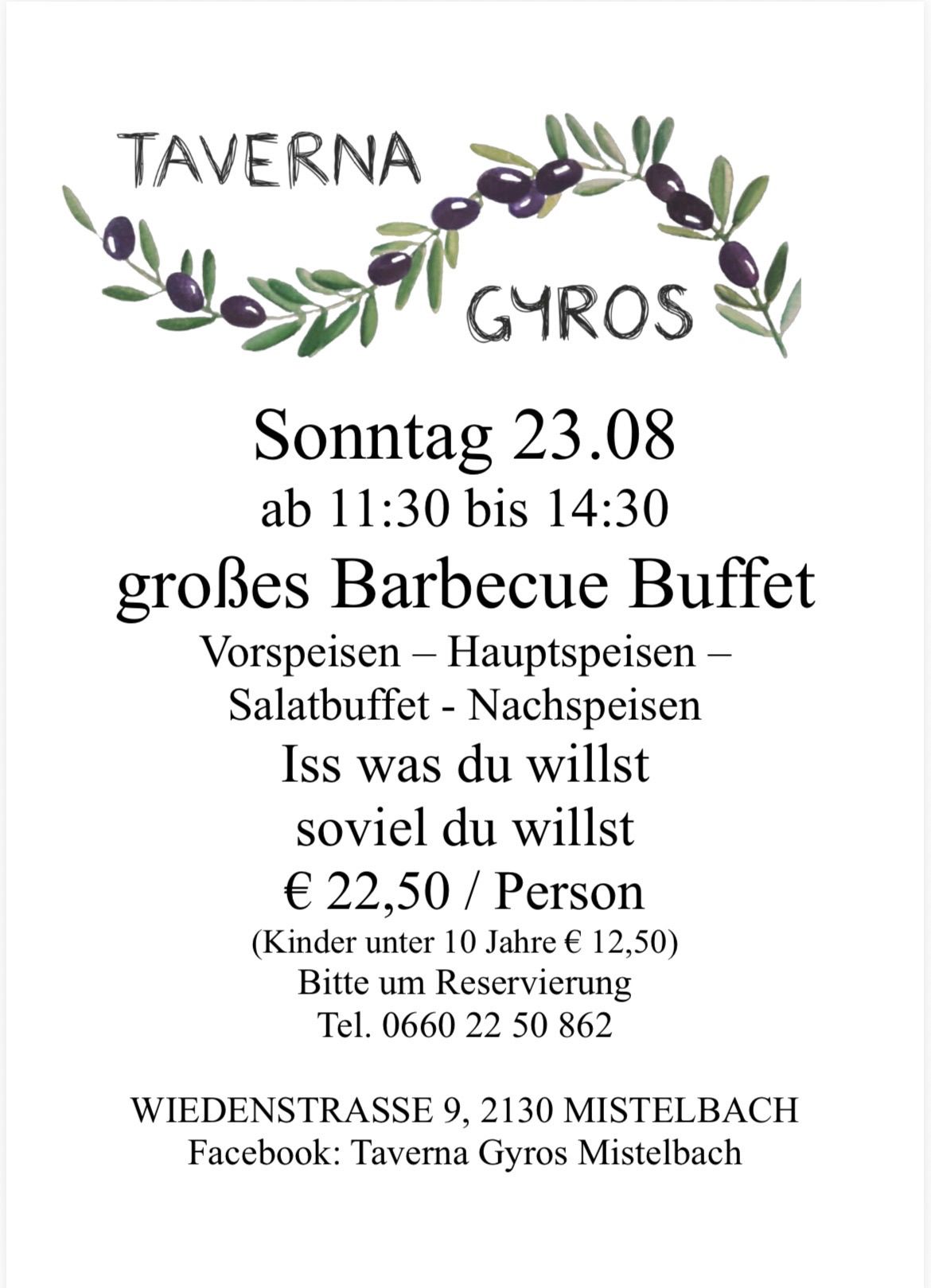 An olive branch design with the name 'Gyros' above it. Below is a menu for a barbecue buffet on Sunday, August 23, from 11:30 to 14:30, including various dishes and a price of €22.50 per person.