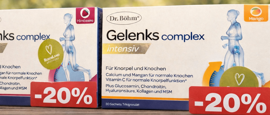 Zwei Packungen Gelenks complex intensiv mit 20% Rabatt auf einer Holzoberfläche. Die Packungen enthalten Nahrungsergänzungsmittel für Gelenk- und Knochengesundheit.