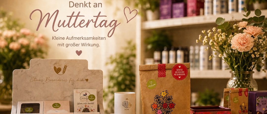 Muttertagsaktion mit verschiedenen Produkten. Ein Herzdesign, ein Regal mit Artikeln und ein Beutel mit der Aufschrift 'Danke Mama'. Auf einem Tisch befinden sich eine Schachtel Schokolade, zwei Tassen und eine rote Schachtel.