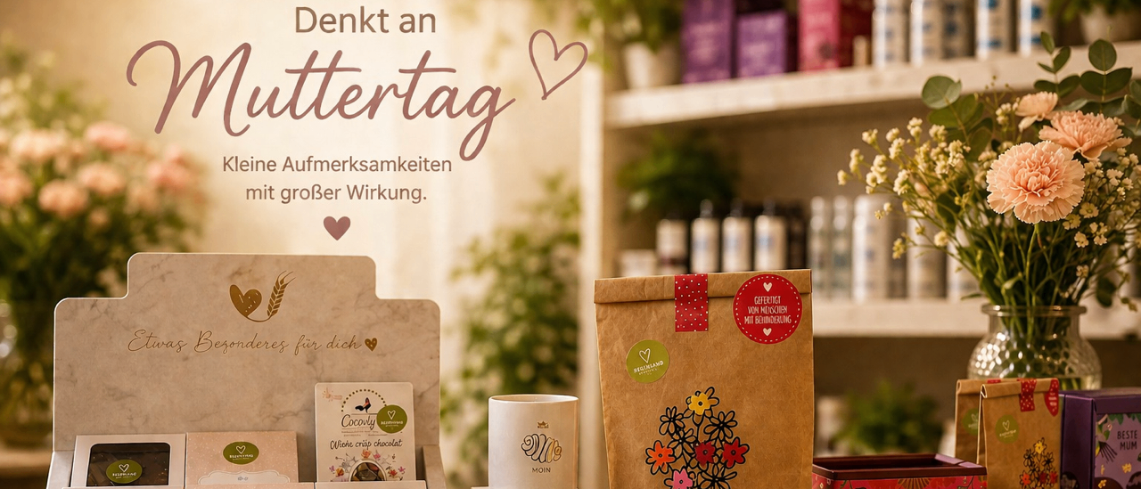 Muttertagsaktion mit verschiedenen Produkten. Ein Herzdesign, ein Regal mit Artikeln und ein Beutel mit der Aufschrift 'Danke Mama'. Auf einem Tisch befinden sich eine Schachtel Schokolade, zwei Tassen und eine rote Schachtel.