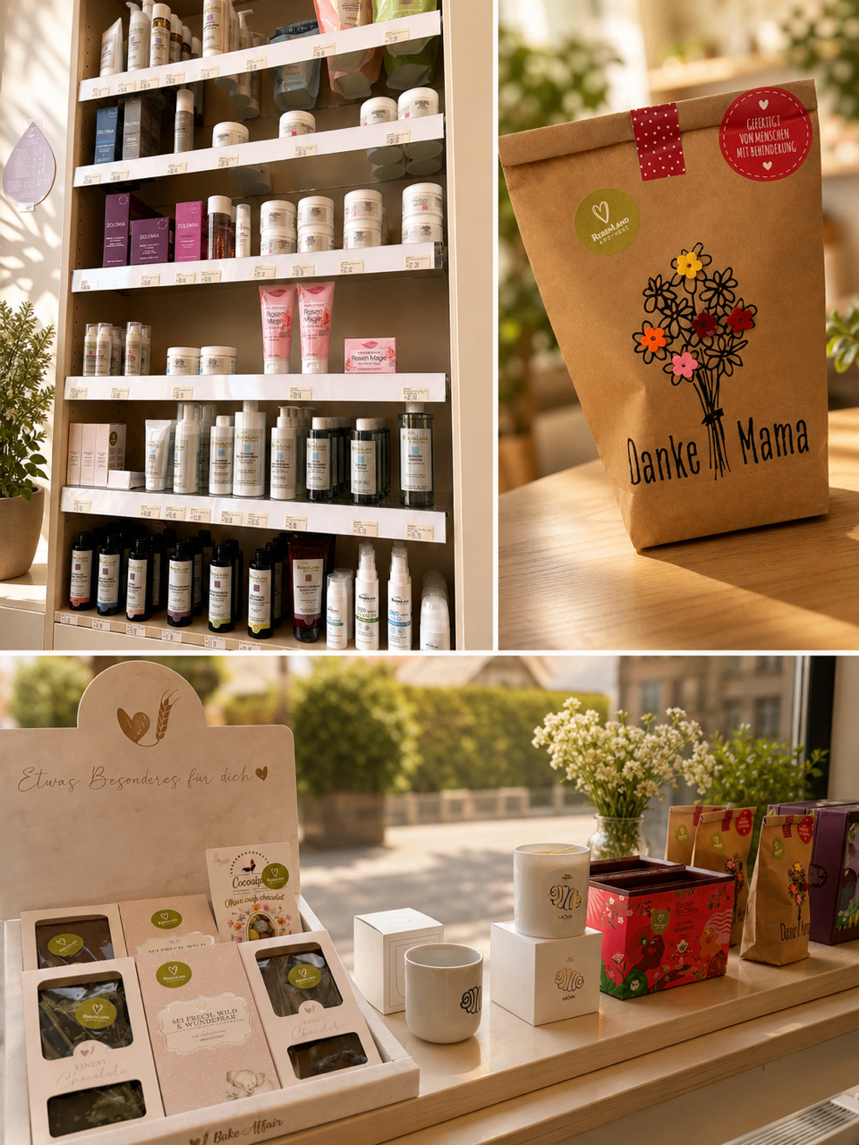 Drei Bilder zeigen einen Laden mit Regalen voller Hautpflegeprodukte, einen braunen Beutel mit Blumen und Text sowie eine Ausstellung mit verschiedenen Artikeln.