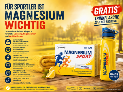 Eine Werbung für Magnesium Sport, die seine Vorteile für Energieproduktion, Muskelfunktion und Konzentration hervorhebt. Das Produkt wird mit einer Schachtel und einer Flasche auf einer Holzoberfläche präsentiert.