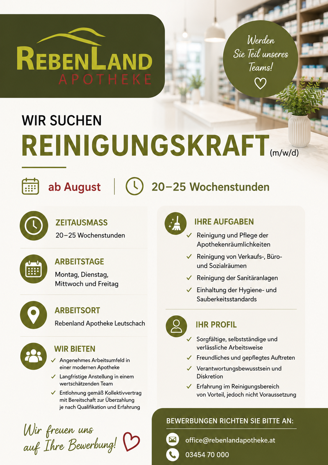 A poster advertising for a cleaning staff position at a pharmacy. It includes details about the job, such as working hours, tasks, and benefits. The poster is in German.