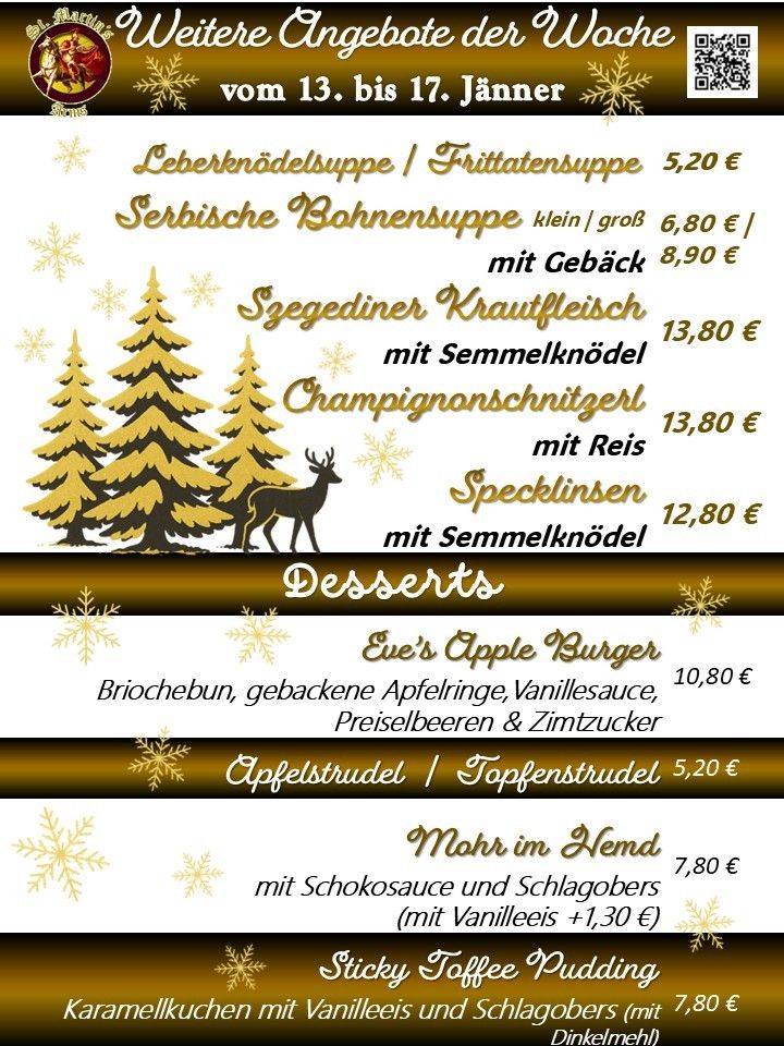 Menü mit verschiedenen Gerichten wie Suppen, Fleisch und Desserts, mit Weihnachtsdekoration. Preise für jeden Artikel aufgeführt.