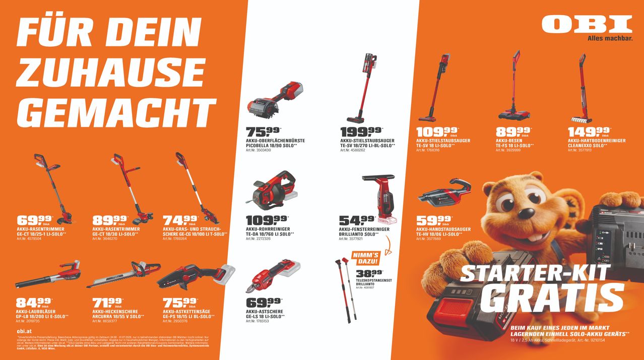 Werbung für verschiedene Akku-Geräte, darunter ein Rasen- und Strauchschneider, ein Laubsauger, ein Rasentrimmer und ein Rasenmäher. Preise und Artikelnummern sind angegeben. Ein Teddybär wird gezeigt.