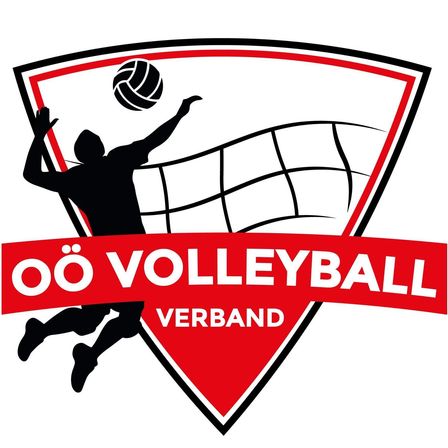 Ein Logo für den Volleyball-Verband, das eine Person zeigt, die springt und einen Ball über ein Netz schlägt.
