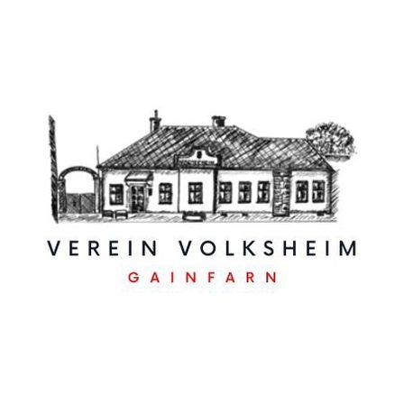 Eine skizzierte Abbildung eines Hauses mit dem Text 'Verein Volksheim Gainfarn' darunter. Das Haus hat einen Schornstein, mehrere Fenster und eine Tür.