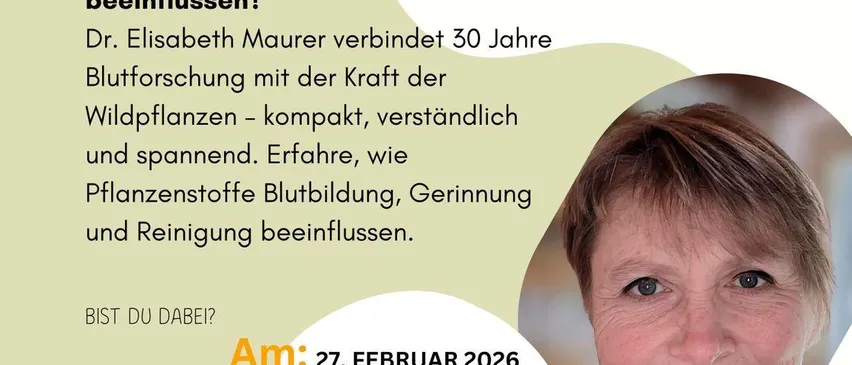 Ein Veranstaltungsplakat über die Wirkung von Wildblumen auf das Blut, mit Dr. Elisabeth Maurer, die ihre 30-jährige Forschung präsentiert. Die Veranstaltung findet am 27. Februar 2026 um 19:00 Uhr im Cafe 101 in 8424 Gabersdorf statt.