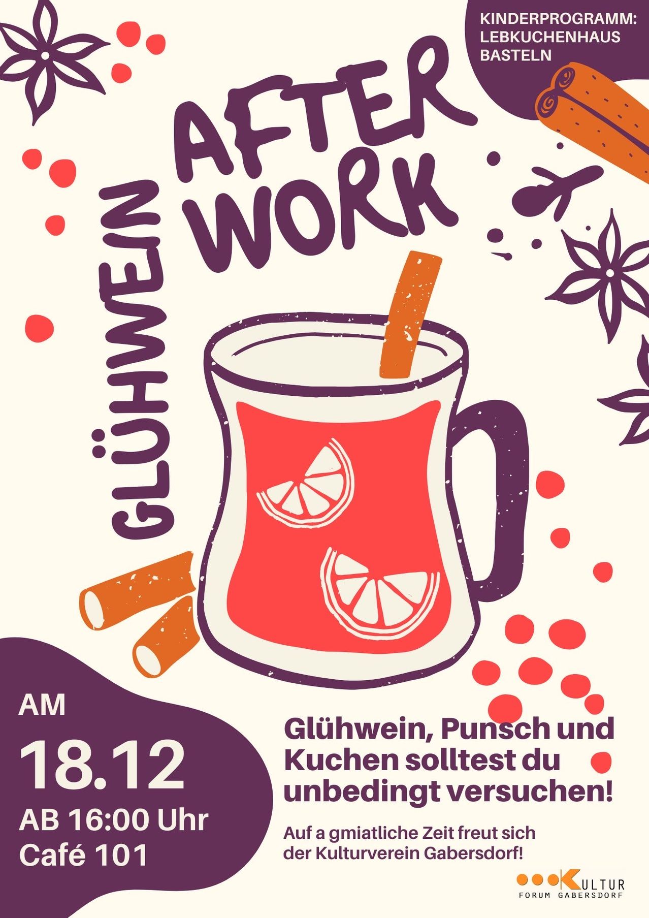 Plakat, das am 18. Dezember für Glühwein, Punsch und Kochen wirbt. Es zeigt einen Becher mit einem Stiel, Orangenscheiben und Gewürzen.