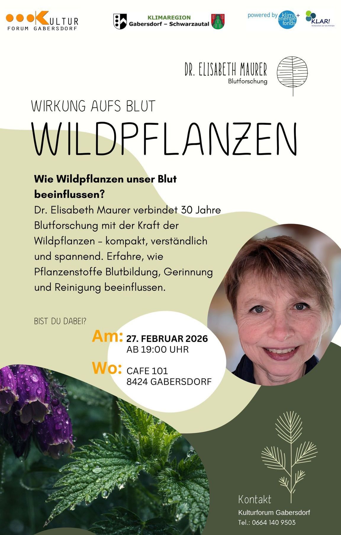 Plakat für einen Vortrag von Dr. Elisabeth Maurer über die Auswirkungen wilder Pflanzen auf das Blut. Geplant für den 27. Februar 2026 um 19:00 Uhr im Cafe 101, 8424 Gabersdorf.
