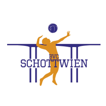 Eine Person in einer orangefarbenen Silhouette spielt Volleyball. Das Wort Schottwienen ist in Blau mit den Buchstaben BVC in der Mitte angezeigt.