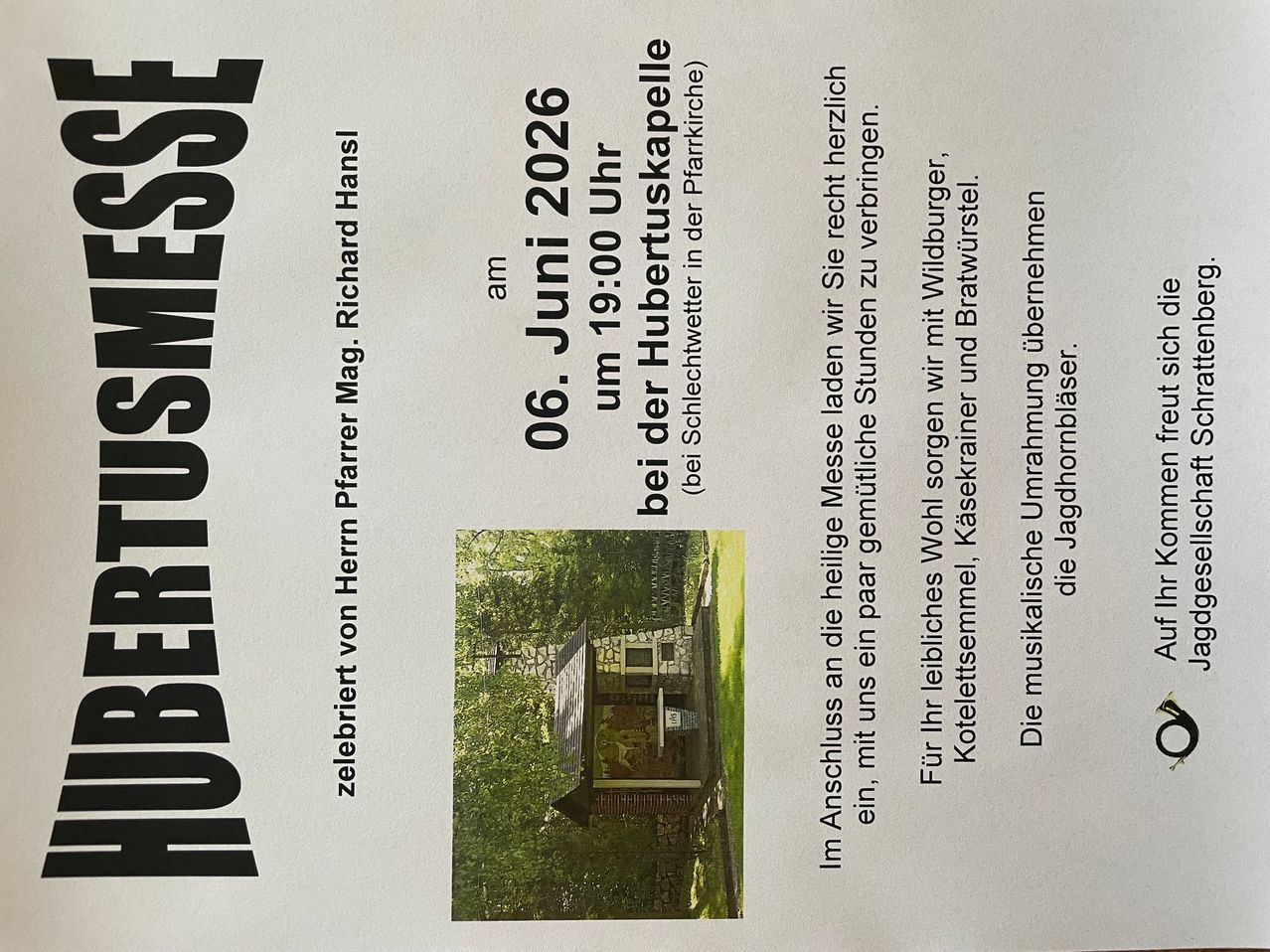 Poster announces the celebration of Hubertusmesse on June 6, 2026, at 19:00 at the Hubertuskapelle. It invites attendees to enjoy bratwurst and beer. It also mentions a guided tour with Richard Hans Mag through the church's history.