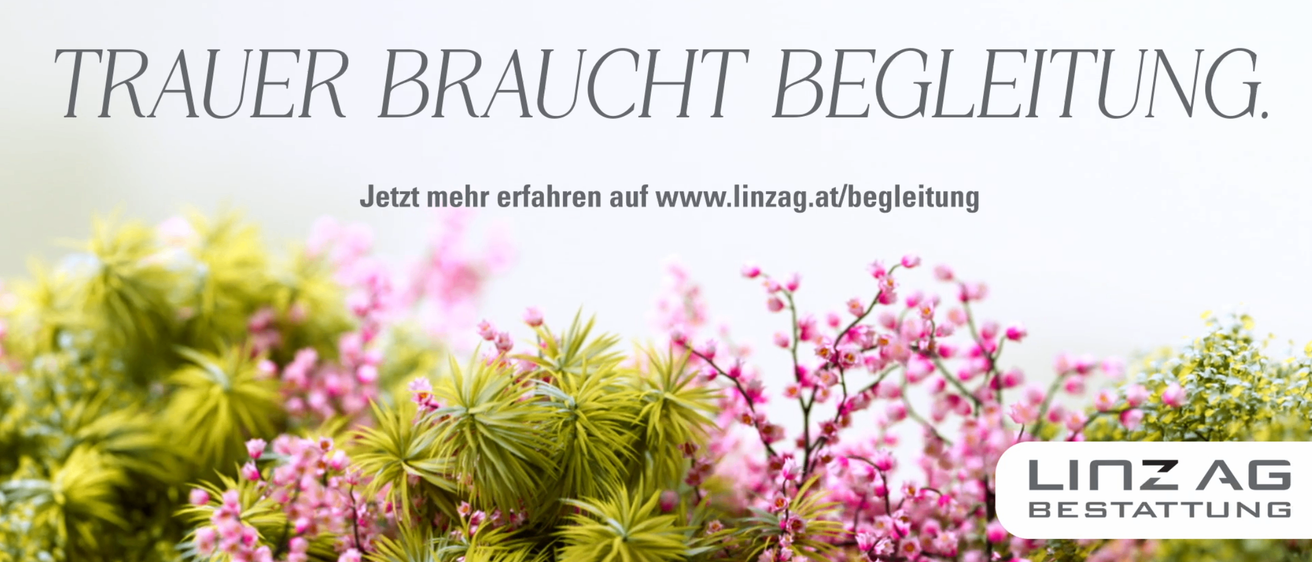Das Bild zeigt eine Nahaufnahme von Pflanzen mit rosa Blüten und grünen Blättern. Der Text lautet 'BRAUCHT BEGL' und enthält einen Website-Link 'www.linzag.at/begleitu'.
