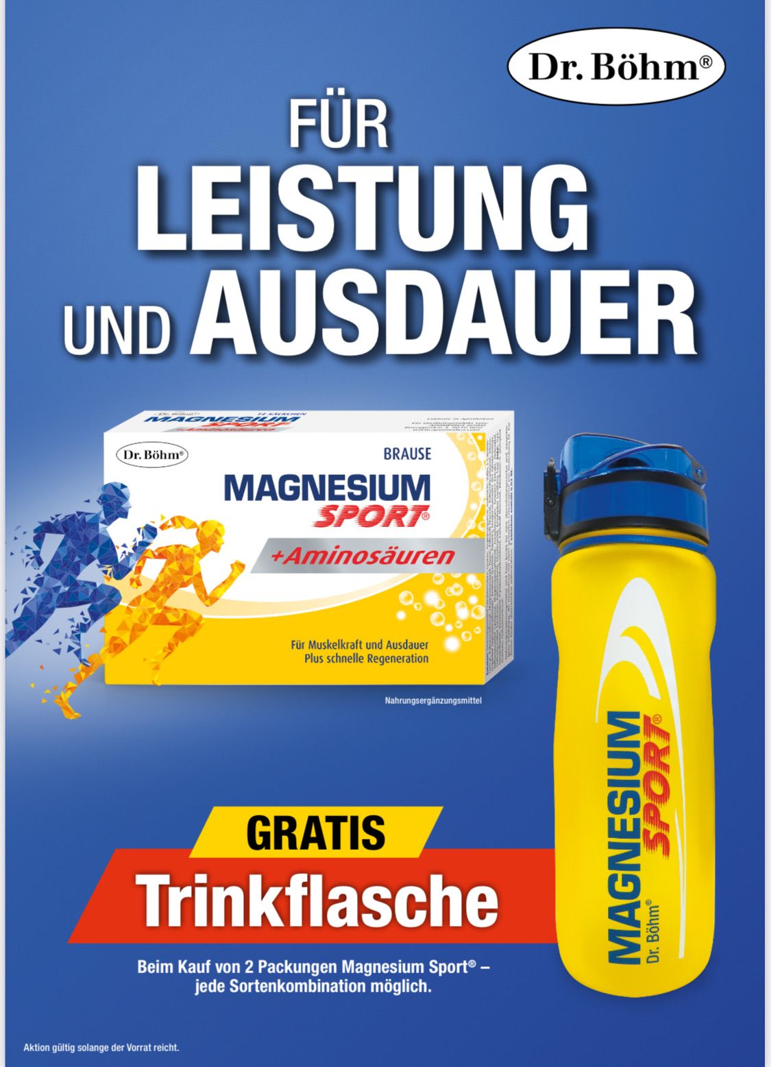 Werbeposter für Magnesium Sport mit einer kostenlosen Trinkflasche, das Leistung und Ausdauer für Sportler hervorhebt.