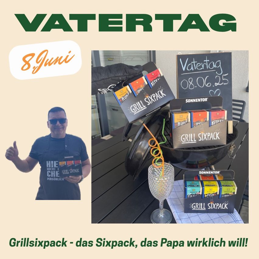 Eine Werbung für Vatertag am 8. Juni. Ein Mann hält eine Box Grillsixpack, und es gibt eine Tafel mit dem Datum. Ein Grill und ein Glas sind ebenfalls zu sehen.