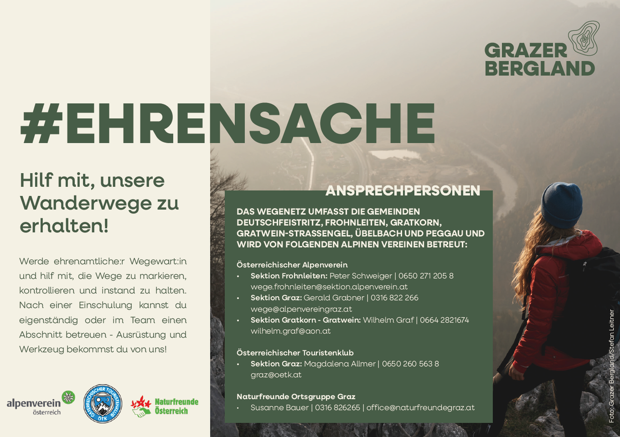 Ein Plakat zeigt die Worte 'GRA BERGEN' in großen grünen Buchstaben. Darunter befindet sich ein Textfeld mit Informationen über Ansprechpartner. Auf der linken Seite des Plakats befindet sich ein Logo für Naturfreunde Steiermark. Auf der rechten Seite ist ein Bild einer Frau zu sehen, die in den Bergen wandert.