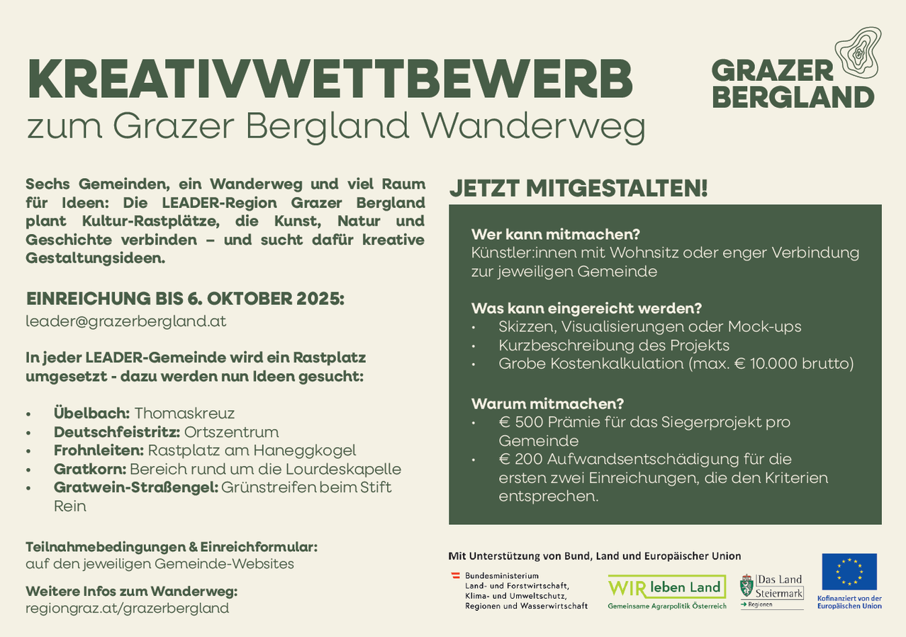 Ein Werbeposter für einen Wanderweg in Grazer Bergland. Es enthält einen Aufruf zur Teilnahme mit einer Frist vom 6. Oktober 2025. Das Poster erwähnt eine Chance für einen Rastplatz für die R-Gemeinschaft. Es hebt auch die Preise hervor: 500€ für das Siegerprojekt und 200€ für die ersten zwei Einreichungen.