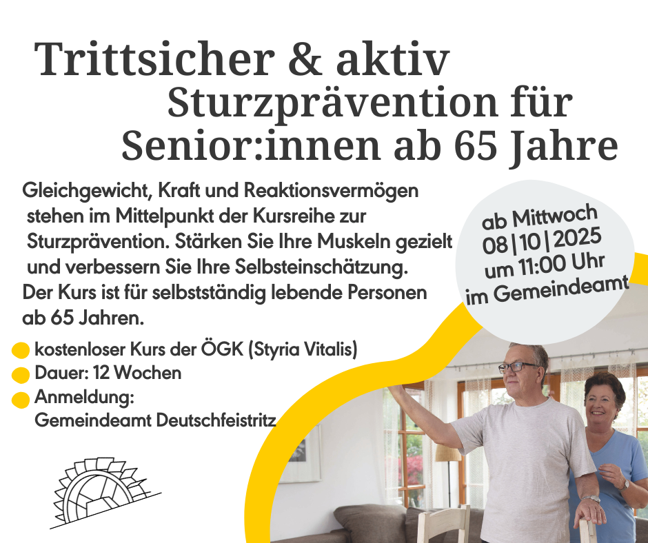 Die Anzeige bewirbt einen kostenlosen Kurs zur Sturzprävention für Senioren ab 65 Jahren, der sich auf Gewicht, Kraft und Reaktionsfähigkeit konzentriert. Der Kurs, der von einem Gemeindeamt durchgeführt wird, ist mittwochs um 11:00 Uhr geplant. Er zielt darauf ab, die Muskelkraft und das Selbstvertrauen zu verbessern. Die Anmeldung ist offen.