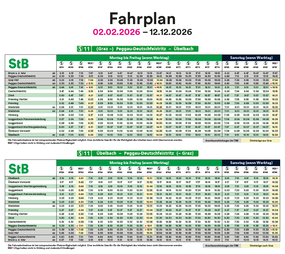 Ein Fahrplan vom 2. Februar 2026 bis 12. Dezember 2026, der tägliche Abfahrten von St.B zeigt, mit Stationen, Ankunfts- und Abfahrtszeiten sowie einer Tabelle mit Fahrpreisen für verschiedene Kategorien.