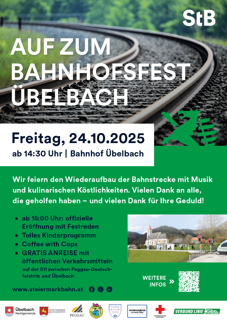 Plakat für ein Bahnhofsfest in Ubelbach am Freitag, 24. Oktober 2025. Aktivitäten umfassen Musik, kulinarische Köstlichkeiten, ein Kinderprogramm, Kaffee mit Polizisten und kostenlose Fahrten mit öffentlichen Verkehrsmitteln.