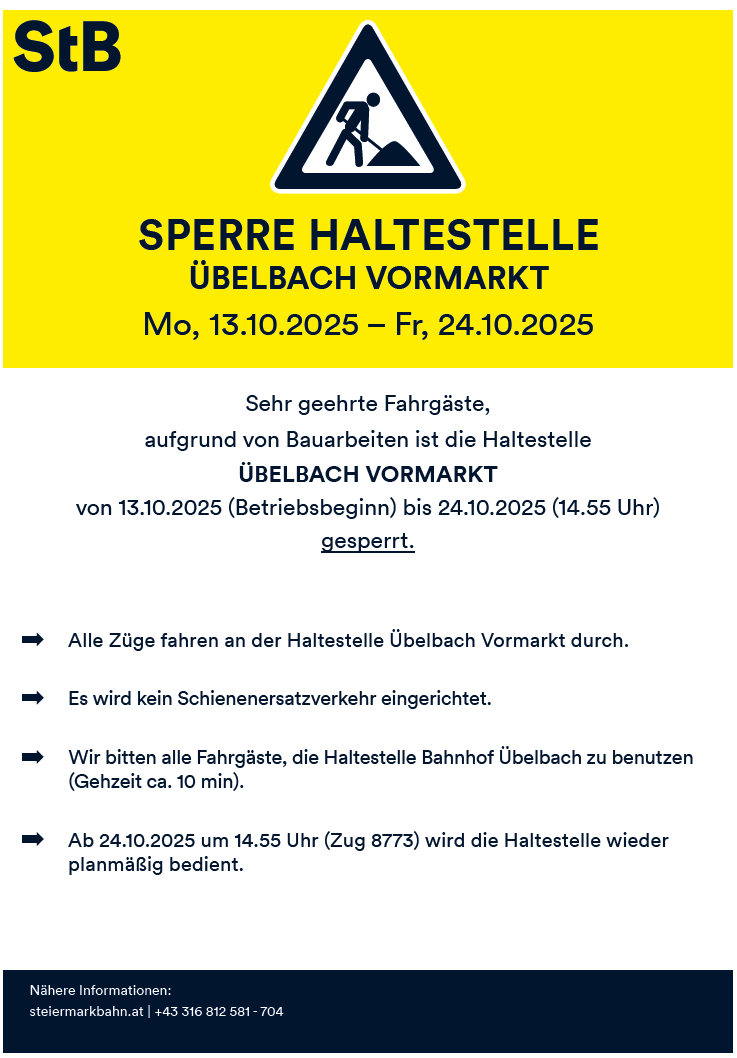 Die Haltestelle Überbach Vormarkt ist aufgrund von Bauarbeiten vom 13.10.2025 bis 24.10.2025 gesperrt. Züge umfahren die Station. Alle Züge fahren durch die Haltestelle Überbach Vormarkt.