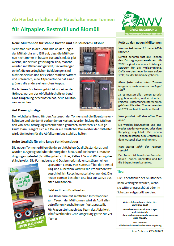 Das Bild zeigt zwei Textabschnitte. Der linke Abschnitt handelt von den neuen Mülltonnen, ihrer Haltbarkeit und den Vorteilen ihres Kaufs. Der rechte Abschnitt stellt Fragen zu den neuen Mülltonnen und beantwortet sie.