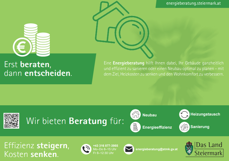 Eine Werbung für Energieberatungsdienste in der Steiermark, Österreich. Es umfasst Dienstleistungen wie Neubau, Energieeffizienz, Heizungsaustausch und Sanierung. Kontaktdaten sind angegeben.