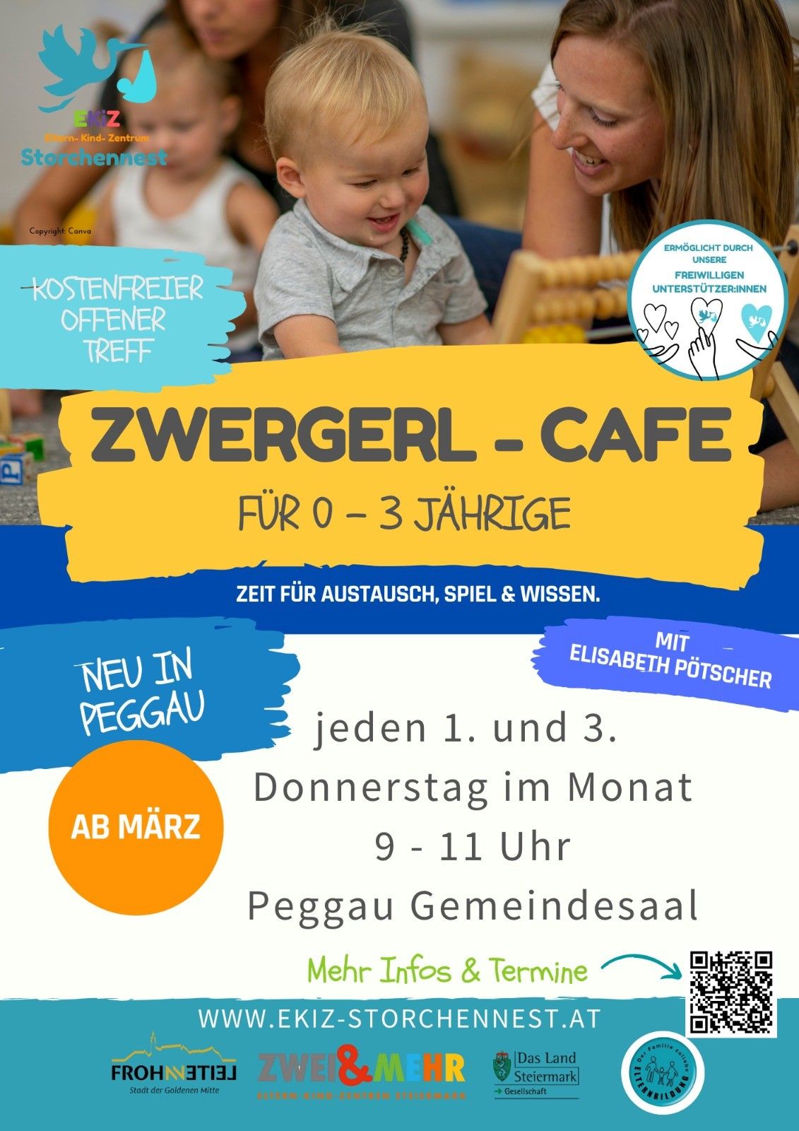 Werbeplakat für Zwergerl Cafe, ein kostenloser Treffpunkt für Kinder im Alter von 0-3 Jahren. Es bietet Zeit für Austausch, Spiel und Wissen. Jeden ersten und dritten Donnerstag in der Peggau Gemeindehalle.