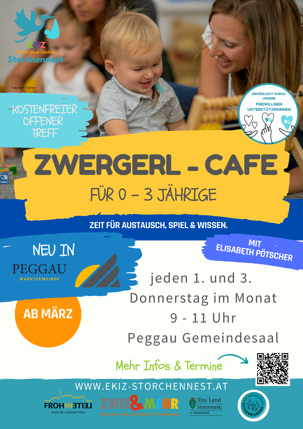 Werbung für Zwergerl-Cafe, ein kostenloser Treffpunkt für Kinder im Alter von 0-3 Jahren, jeden ersten und dritten Donnerstag im Monat von 9 bis 11 Uhr.