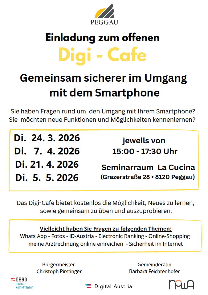 Einladung zum offenen Digi-Cafe. Gemeinsam sicherer im Umgang mit dem Smartphone. Haben Sie Fragen zum Umgang mit Ihrem Smartphone? Möchten Sie neue Funktionen und Möglichkeiten kennenlernen? Kostenlos.