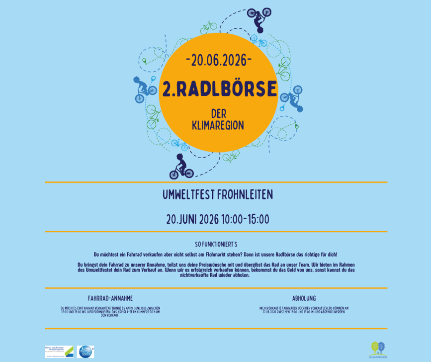 Ein Plakat für die 2. Radlbörse, ein Umweltfest, ist für den 20. Juni 2026 geplant. Die Veranstaltung beinhaltet Fahrradfahrten und verschiedene Aktivitäten. Fahrräder können zum Kauf oder Tausch mitgebracht werden.