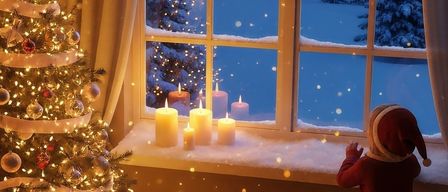Ein mit Lichtern und Ornamenten geschmückter Weihnachtsbaum steht neben einem Kamin, mit Geschenken darunter. Ein Kind in einem Weihnachtsmannhut schaut aus einem Fenster auf eine verschneite Landschaft. Kerzen stehen auf der Fensterbank.