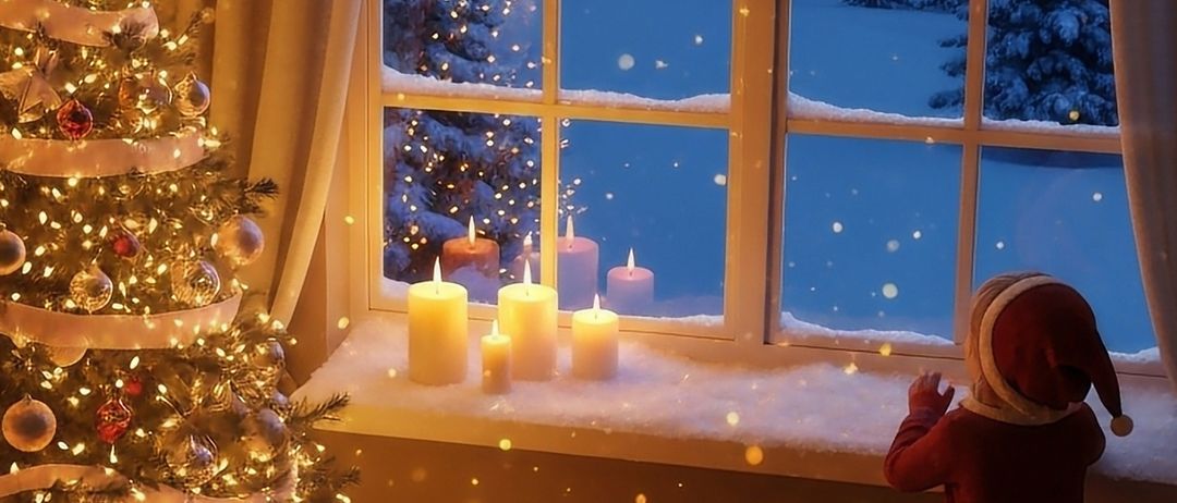 Ein mit Lichtern und Ornamenten geschmückter Weihnachtsbaum steht neben einem Kamin, mit Geschenken darunter. Ein Kind in einem Weihnachtsmannhut schaut aus einem Fenster auf eine verschneite Landschaft. Kerzen stehen auf der Fensterbank.